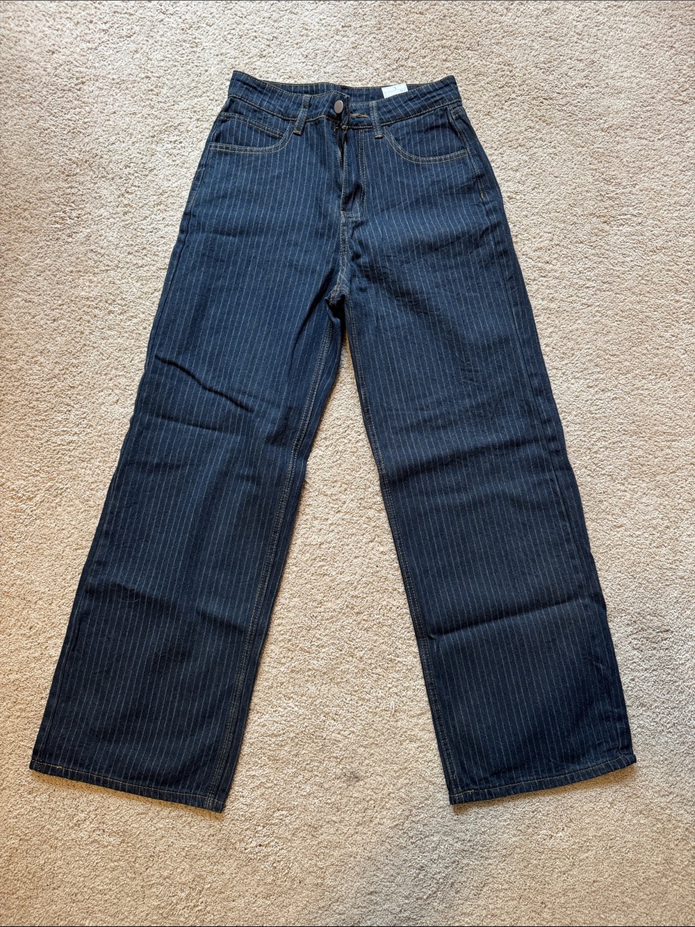 Edikted Dark Blue Pinstripe Bootcut Jeans